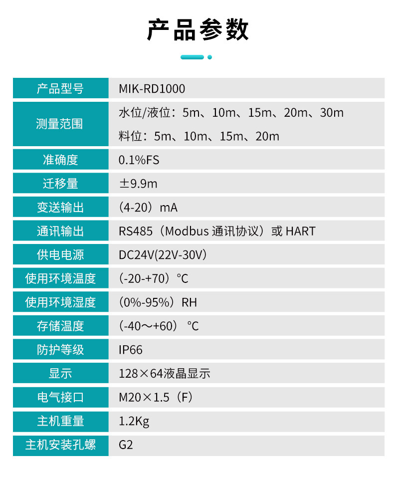 80G高頻雷達物位計產品參數