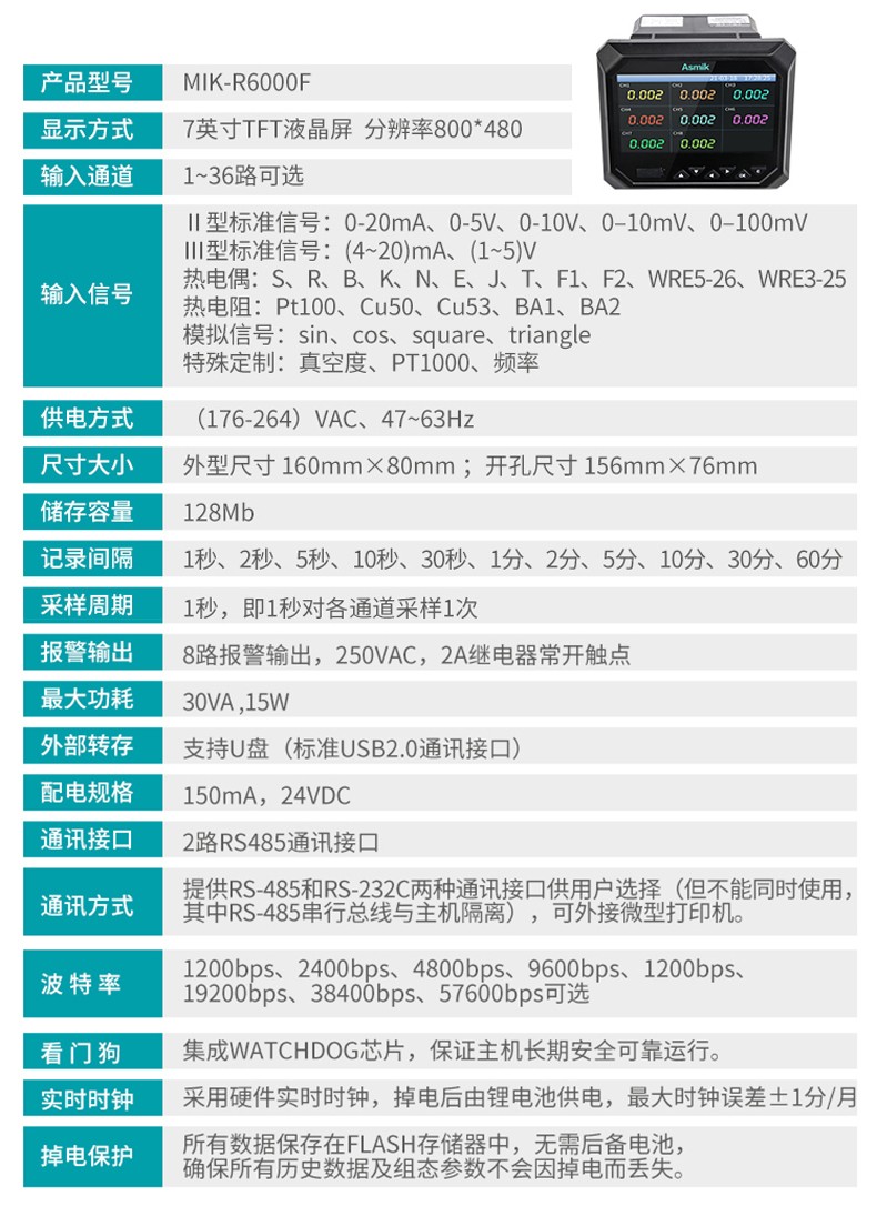 米科MIK-R6000F無紙記錄儀產品參數表