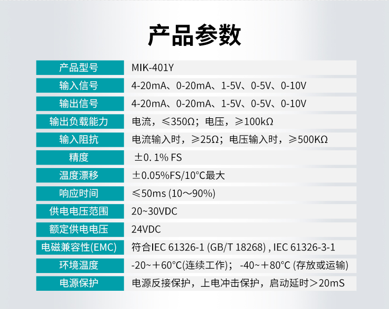 米科全新款MIK-401Y信號隔離器產品參數表